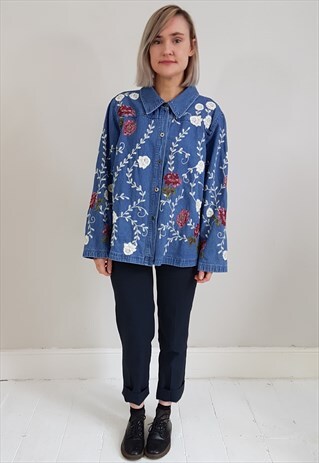 Y2K DENIM FLORAL EMBROIDERED HEAVY SHIRT LIGHTWEIGHT JACKET