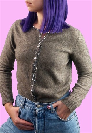 VINTAGE 90'S SEQUIN TRIM WOOL BLEND SWEATER CARDIGAN