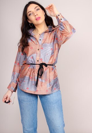 VINTAGE 70S ABSTRACT SPOT PRINT BELTED BLOUSE