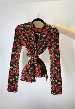 3D Floral Print Jacket Top, Red Black Flower Vest Jacket