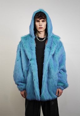 Neon blue faux fur coat luxury trench fluorescent jacket