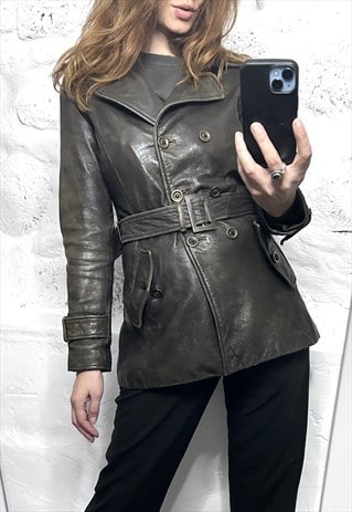 80s Brown Real Leather Belted Jacket - Small