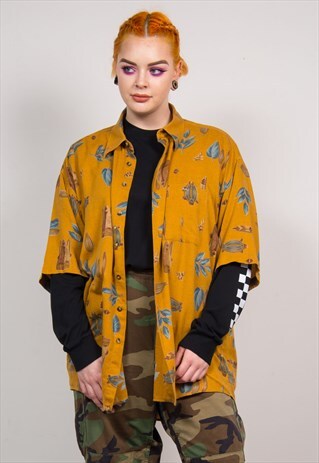 VINTAGE 90'S MUSTARD YELLOW FLORAL PRINT OVERSIZED SHIRT