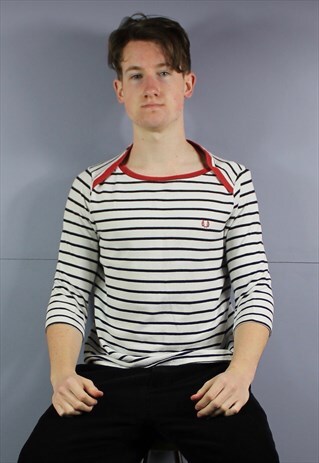 VINTAGE FRED PERRY STRIPED T-SHIRT IN WHITE WITH EMBROIDERED