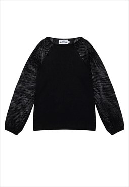 Transparent sweater sheer sleeves knitted jumper in black