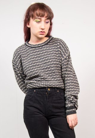 VINTAGE 90'S GREY KNIT CHECKED PATTERN GRUNGE JUMPER