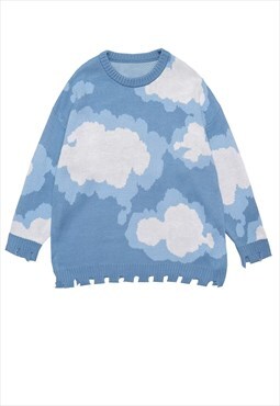 Cloud print sweater ripped knitwear jumper y2k top in blue