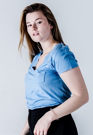 VINTAGE 90S LACOSTE V-NECK T-SHIRT IN BABY BLUE