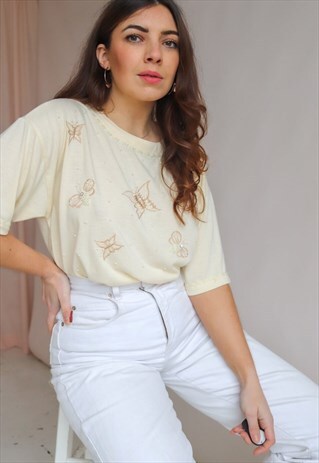 VINTAGE 90S T-SHIRT IN CREAM BUTTERFLY EMBROIDERY