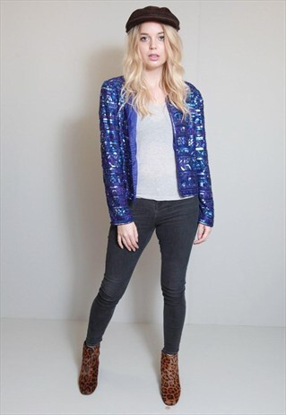 VINTAGE 1980'S BLUE SEQUIN EMBELLISHED CROPPED SILK JACKET