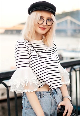 STRIPED TOP WITH CROCHET SLEEVES