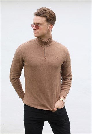 RALPH LAUREN 1/4 ZIP USA FAWN BROWN SWEATSHIRT