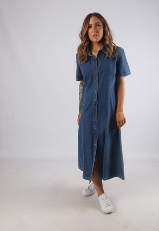 VINTAGE DENIM DRESS SHIRT STYLE LONG 90'S UK 14 (H2D)