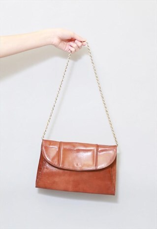 VINTAGE 1970'S GOLD CHAIN STRAP BROWN LEATHER SHOULDER BAG