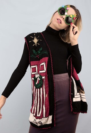VINTAGE 80S 90S NOVELTY CHRISTMAS WAISTCOAT GLITTER