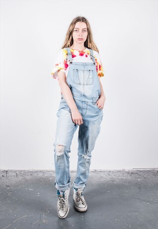 VINTAGE BLUE RIPPED DENIM DUNGAREES