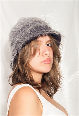 Vintage Knitted Bucket Hat 80s Reworked Fluffy Cap in Grey
