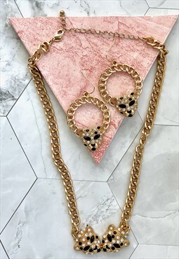 90s Leopard Gold Chain Necklace and Earrings Bling 