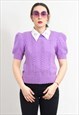 Vintage knitted blouse in purple with puff sleeve