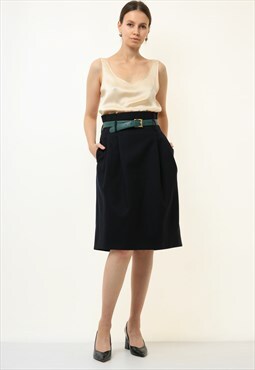 Vintage COS Navy Blue Wool Waist Midi Skirt 4708