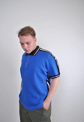 90S BLUE ZIPPED UP SPORT POLO SHIRT, SIZE L