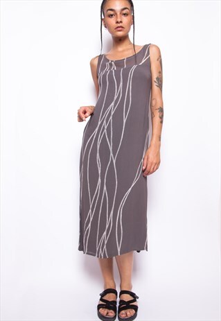 VINTAGE 90S GREY PATTERN CHIFFON DRESS ID:2149