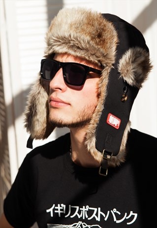 JAPANESE STYLE TRAPPER HAT - FAUX FUR TRIM KHAKI RUSSIAN HAT