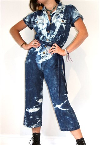 REWORKED DENIM TIE DYE BLEACHED SHORT SLEEVE JUMPSUIT