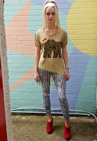 BEIGE T SHIRT TOP WITH ELEPHANT PRINT, FRINGES AND BEADS