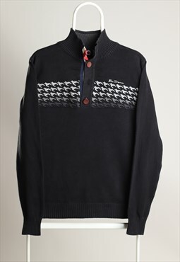 Vintage 1/4 Button Jumper Sweatshirt Black Abstract Print