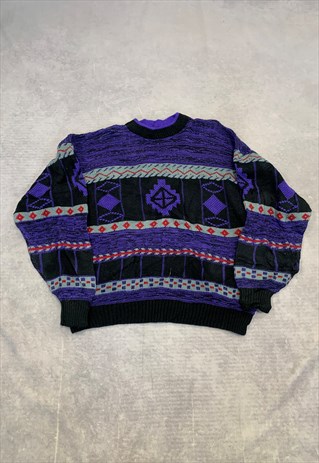 VINTAGE KNITTED JUMPER ABSTRACT PATTERNED GRANDAD SWEATER