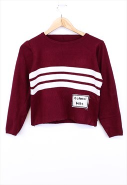 Vintage Knitted Crop Sweater Burgundy Crewneck With Patch