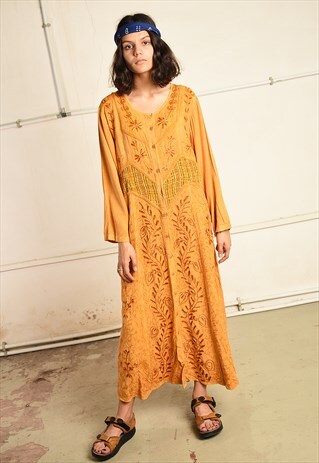 90'S RETRO BOHO ETHNIC EMBROIDERED PARIS CHIC MAXI DRESS