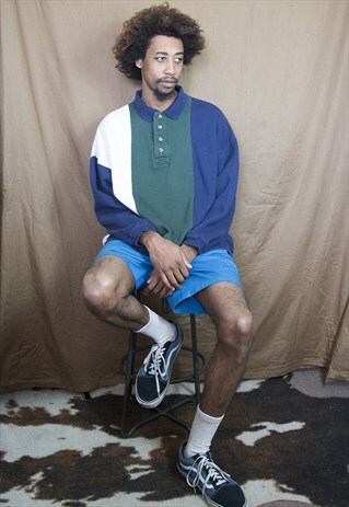 90S OVERSIZE PREPPY SKATER STRIPE POLO SWEATSHIRT XXL