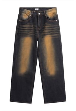 Bleached wide jeans distressed utility denim pants in blue