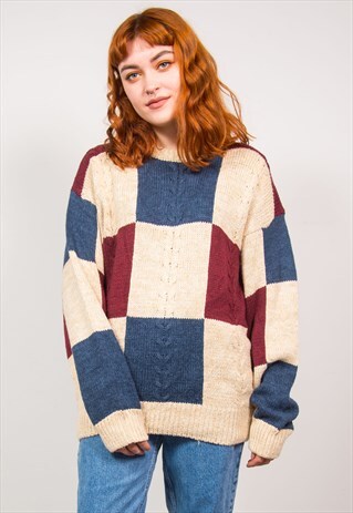 VINTAGE 90'S BEIGE CHECKED KNIT OVERSIZED JUMPER