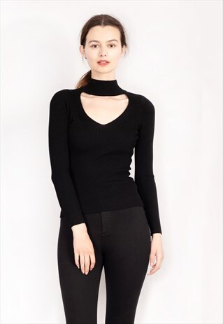 SOFT KNIT JUMPER TOP WITH CUT OUTS DESIGN IN BLACK