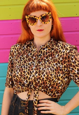 VINTAGE 80S BROWN YELLOW LEOPARD PRINT TIE FRONT CROP TOP