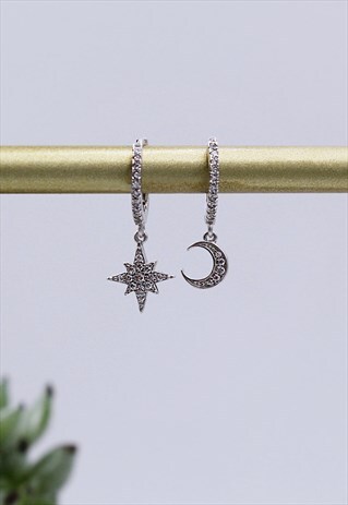STERLING SILVER MOON & STAR STONE SET HUGGIE HOOP EARRINGS