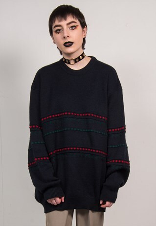 VINTAGE 90'S NAVY BLUE STRIPED OVERSIZED KNIT JUMPER