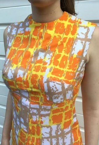 WOMENS VINTAGE 60S DRESS ORANGE PATTERNED SLEEVELESS MAXI