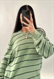 UNISEX VINTAGE NAUTICA GREEN STRIPED V NECK SWEATER JUMPER