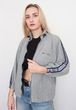 VINTAGE 90S CHAMPION TAPE LOGO FLEECE JACKET GREY