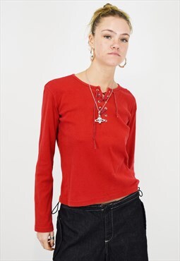 Vintage Y2K Top Ribbed Red Corset Front Long Sleeved