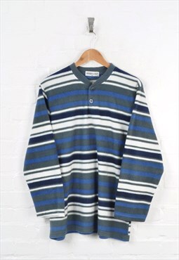Vintage Fleece Button Up Sweater Striped Blue/Grey Ladies XL