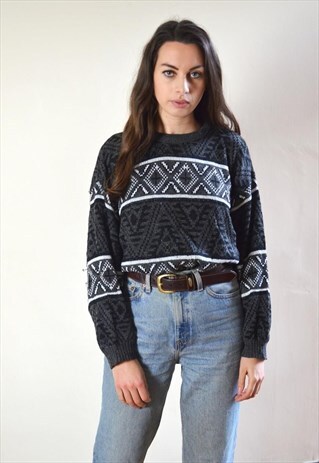 80S VINTAGE BLACK & WHITE PATTERN KNIT JUMPER