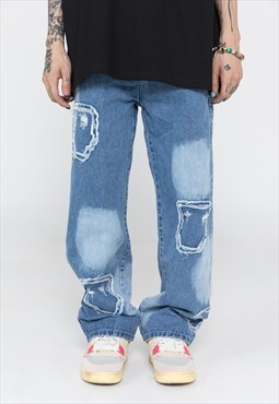 Emoji patch jeans straight fit smile stain denim pants blue