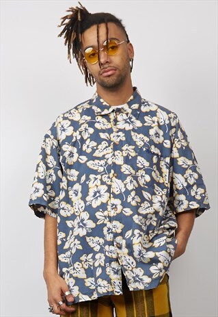 VINTAGE 90'S BLUE/ YELLOW FLORAL HAWAIIAN PRINT SHIRT