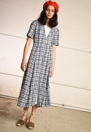 90'S RETRO PARIS CHIC TARTAN CHECKED MINIMALIST MIDI DRESS