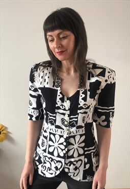 Vintage 80s Floral Black & White Blouse